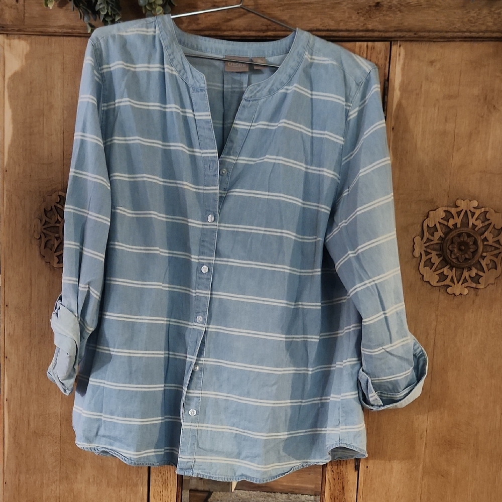 Chico's Light Blue Striped Casual Shirt, Size L